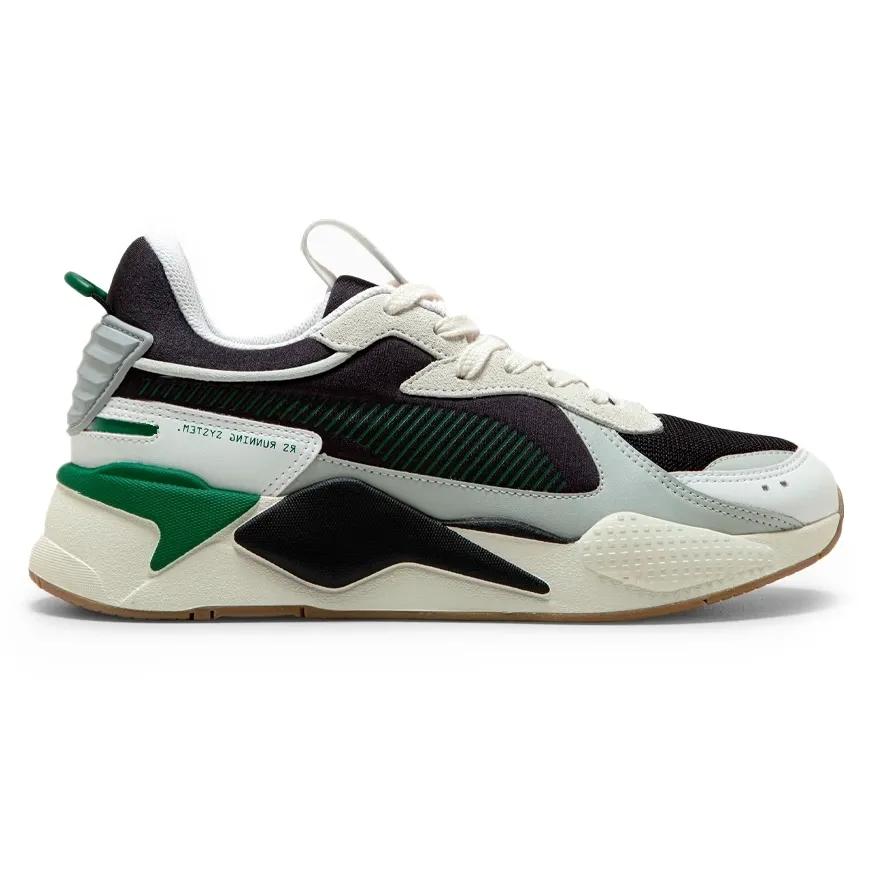 Tênis Puma RS-X Mix masculino branco com detalhes em preto e verde, design moderno e cabedal texturizado